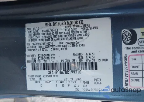 2011 Ford Fusion Sel z USA, uszkodzony, nr VIN 3FAHP0JA7BR199210